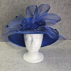 Royal Blue Wide Brim Dress Hat Mesh Floral Rhinestone Church Derby Wedding Hat